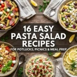 16 easy pasta salad recipes including Italian, Greek, caprese and creamy ranch pasta salads in bowls on a table