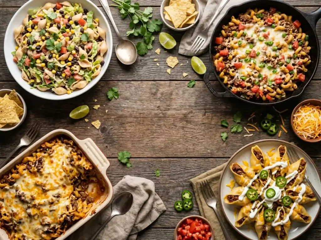 16 taco pasta recipes including taco pasta salad, one-pot taco pasta and cheesy taco pasta bake on a rustic table