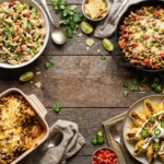 16 taco pasta recipes including taco pasta salad, one-pot taco pasta and cheesy taco pasta bake on a rustic table