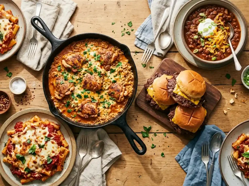 Spread of easy weeknight dinners including burgers, pizza and skillet chicken on a wooden table