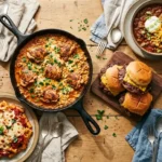 Spread of easy weeknight dinners including burgers, pizza and skillet chicken on a wooden table