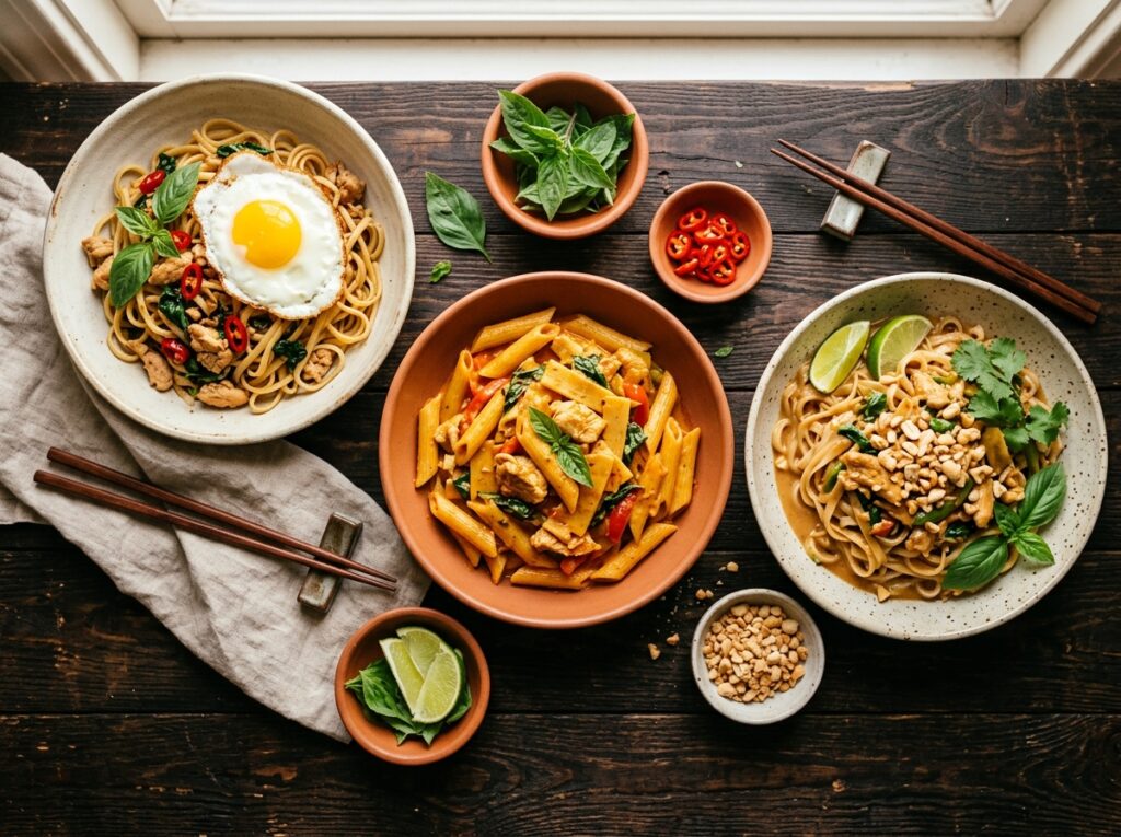 Spread of Thai basil chicken pasta recipes including pad krapow style linguine, red curry penne, and peanut noodles
