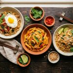 Spread of Thai basil chicken pasta recipes including pad krapow style linguine, red curry penne, and peanut noodles