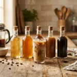 Five homemade coffee syrups in glass bottles with a glass of iced coffee