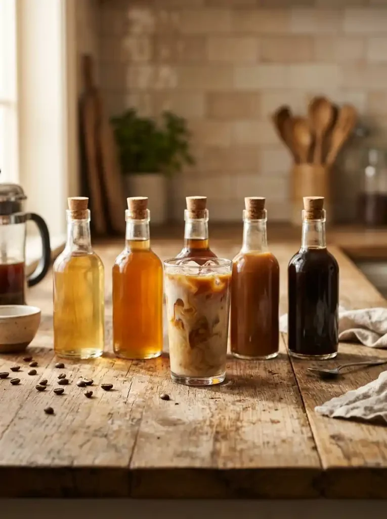 Five homemade coffee syrups in glass bottles with a glass of iced coffee