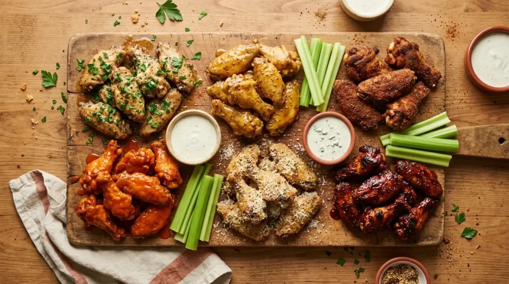 Six flavors of crispy baked chicken wings on a wooden board with dipping sauces and celery sticks