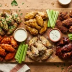Six flavors of crispy baked chicken wings on a wooden board with dipping sauces and celery sticks