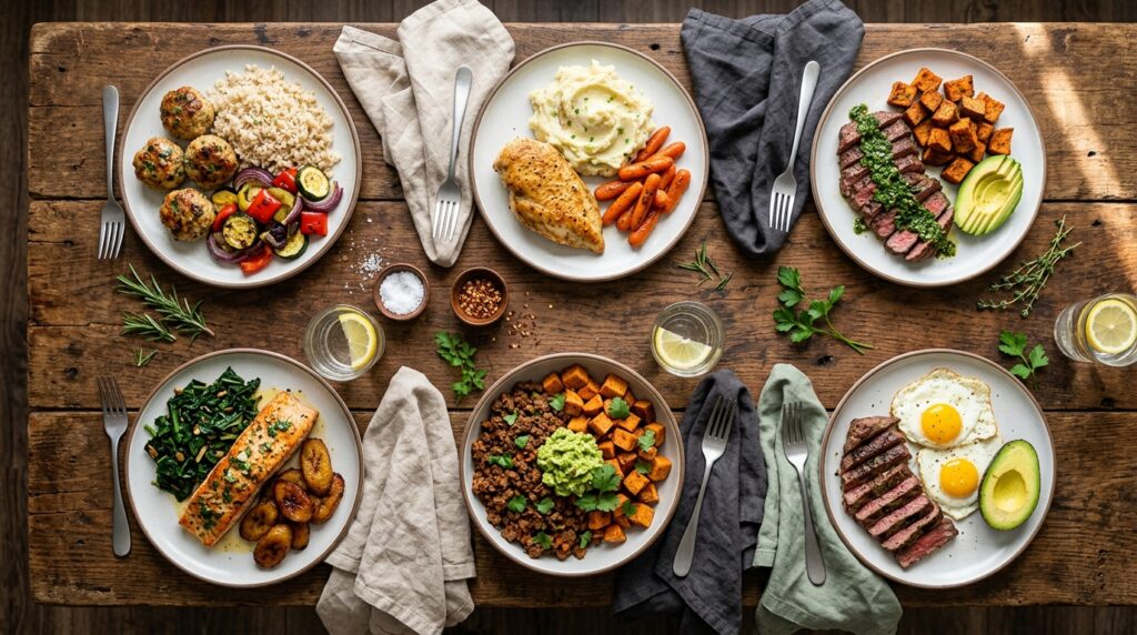 Six healthy dinner plates with chicken meatballs, pan-seared chicken, chimichurri steak, garlic butter salmon, a ground beef sweet potato bowl and steak and eggs