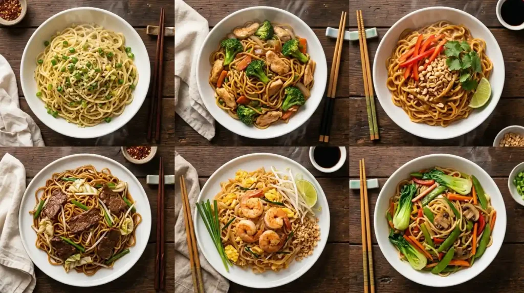 Collage of six noodle dishes including garlic noodles, chicken lo mein, Thai peanut noodles, beef chow mein, pad Thai and vegetable noodles