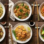 Collage of six noodle dishes including garlic noodles, chicken lo mein, Thai peanut noodles, beef chow mein, pad Thai and vegetable noodles