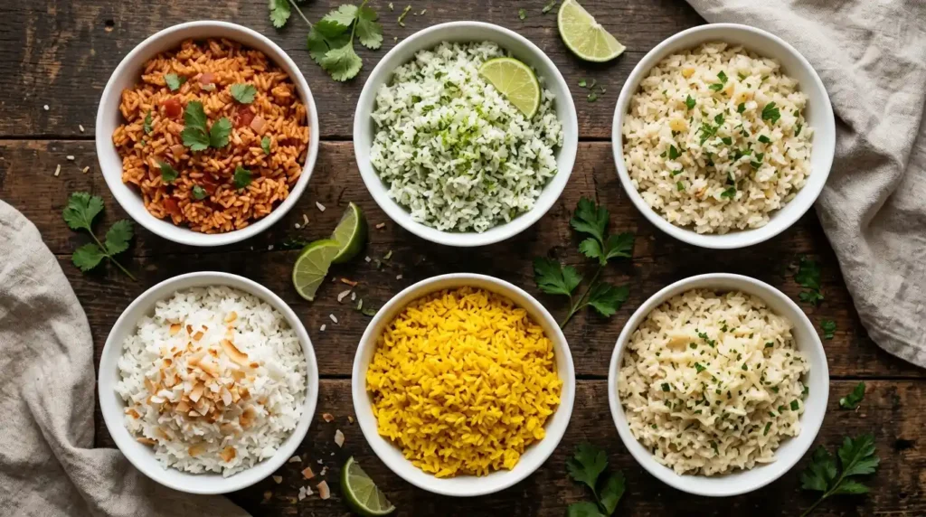 Six bowls of easy rice recipes for dinner including Spanish rice, cilantro lime rice, garlic butter rice, coconut rice, yellow rice and parmesan rice