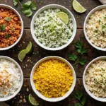 Six bowls of easy rice recipes for dinner including Spanish rice, cilantro lime rice, garlic butter rice, coconut rice, yellow rice and parmesan rice