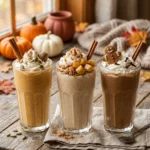 Lineup of cozy fall smoothies including pumpkin spice, apple cinnamon oat, and gingerbread varieties