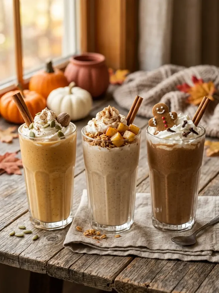 Lineup of cozy fall smoothies including pumpkin spice, apple cinnamon oat, and gingerbread varieties
