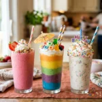 Lineup of colorful kid-friendly smoothies including strawberry banana, rainbow fruit, and birthday cake varieties