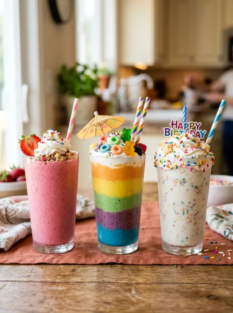 Lineup of colorful kid-friendly smoothies including strawberry banana, rainbow fruit, and birthday cake varieties