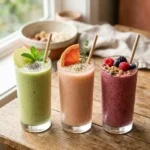 Lineup of fiber-rich weight loss smoothies including green apple, grapefruit, and protein berry varieties