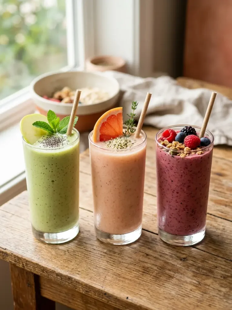 Lineup of fiber-rich weight loss smoothies including green apple, grapefruit, and protein berry varieties