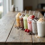 Six copycat Starbucks frappes including caramel, mocha, matcha and strawberry lined up on a wooden table