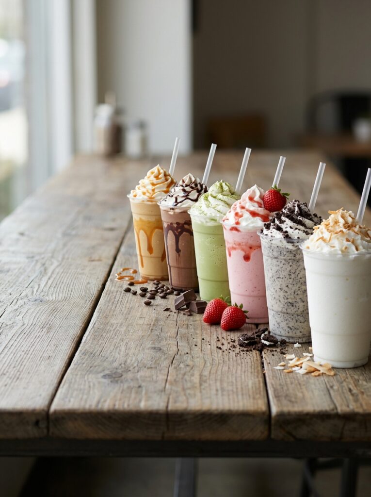 Six copycat Starbucks frappes including caramel, mocha, matcha and strawberry lined up on a wooden table