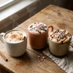 Lineup of cozy hot coffee drinks including maple cinnamon latte, peppermint mocha, and salted caramel mocha