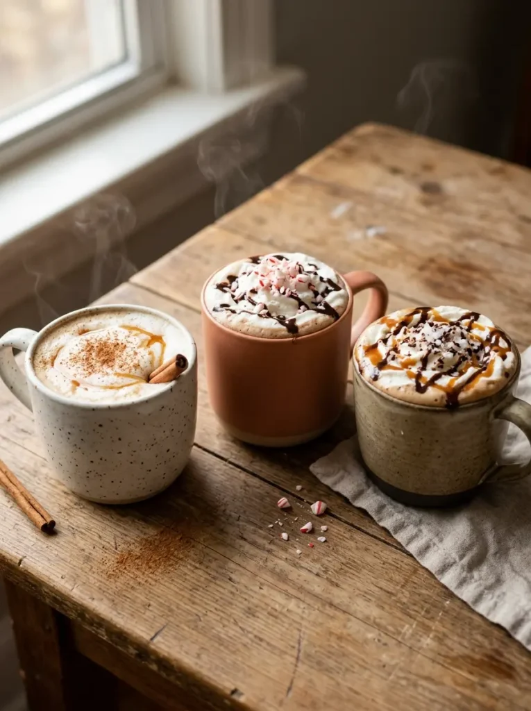 Lineup of cozy hot coffee drinks including maple cinnamon latte, peppermint mocha, and salted caramel mocha