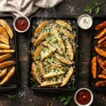 Crispy golden oven-baked potato wedges on a baking sheet with dipping sauces for an easy dinner side dish