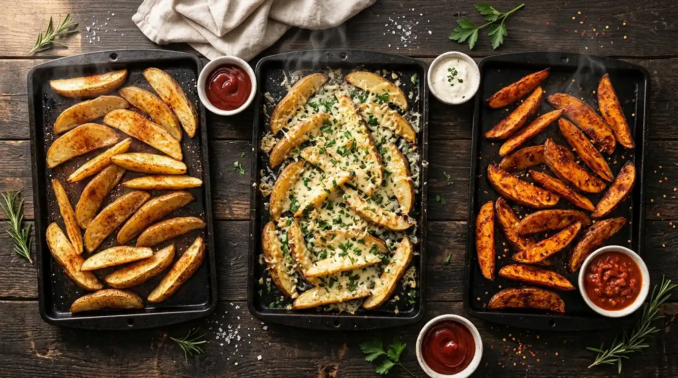 Crispy golden oven-baked potato wedges on a baking sheet with dipping sauces for an easy dinner side dish