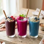 Lineup of vibrant superfood smoothies including acai berry, dragon fruit, and blue spirulina