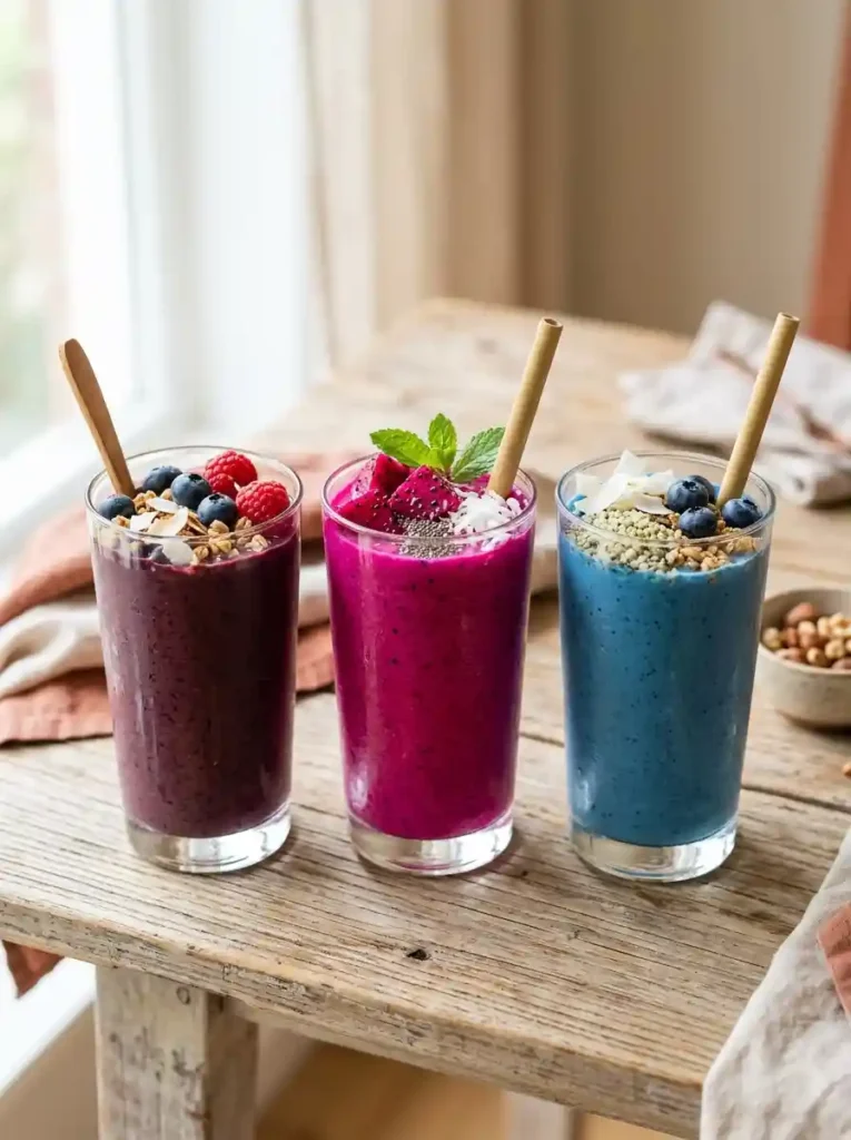 Lineup of vibrant superfood smoothies including acai berry, dragon fruit, and blue spirulina