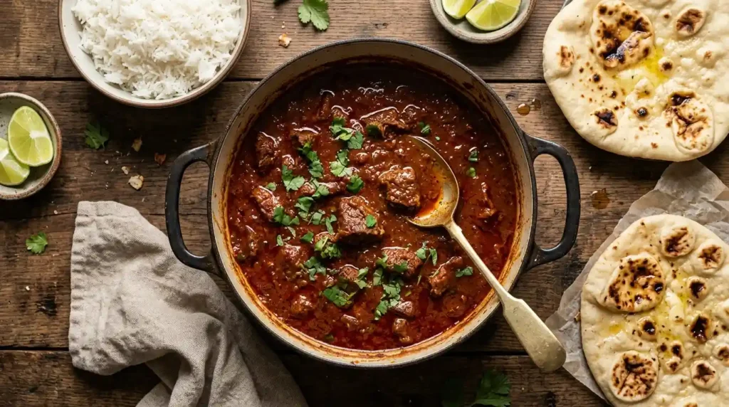 Rich spicy beef vindaloo with fresh cilantro in a Dutch oven served with basmati rice and naan