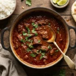 Rich spicy beef vindaloo with fresh cilantro in a Dutch oven served with basmati rice and naan