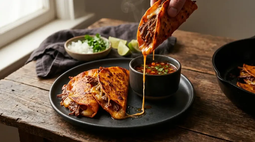Crispy cheesy birria tacos on a dark plate with a cup of red consommé for dipping