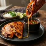 Crispy cheesy birria tacos on a dark plate with a cup of red consommé for dipping