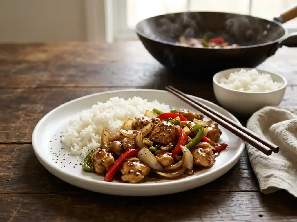 Plate of glossy black pepper chicken with onion and bell peppers over white rice with chopsticks