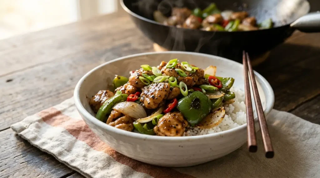 Ingredients for black pepper chicken stir fry including chicken thighs, bell peppers, onion, chilies, garlic, ginger and soy sauce