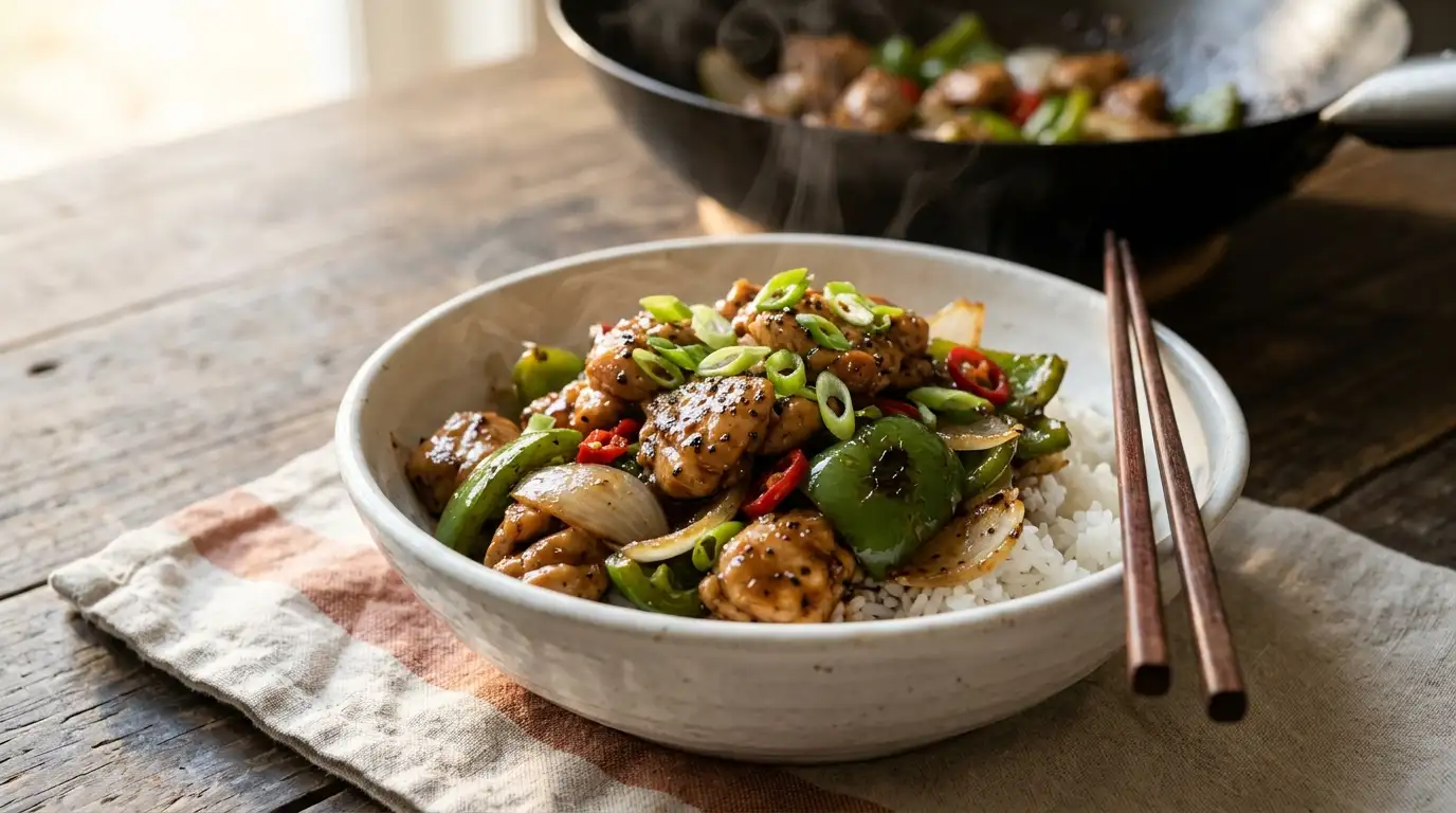 Ingredients for black pepper chicken stir fry including chicken thighs, bell peppers, onion, chilies, garlic, ginger and soy sauce