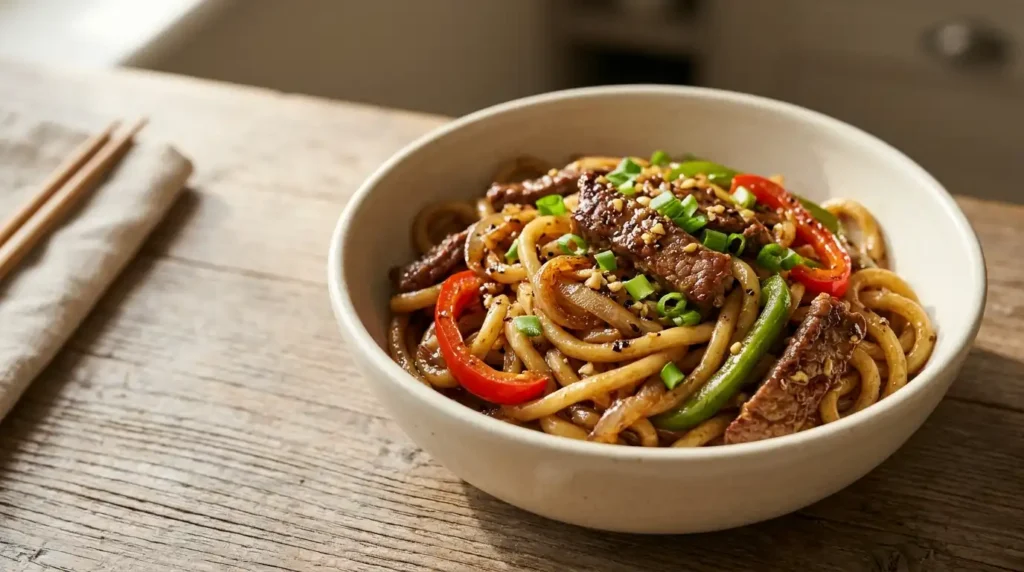 Bowl of glossy black pepper beef udon with tender beef strips, chewy noodles and colorful bell peppers