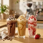 Three glasses of cafe-style frappe including mocha, caramel and strawberry and cream topped with whipped cream