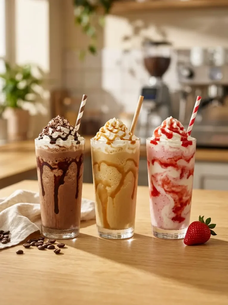 Three glasses of cafe-style frappe including mocha, caramel and strawberry and cream topped with whipped cream