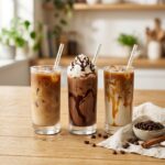 Three glasses of cafe-style iced coffee with ice, including an iced latte, iced mocha and iced caramel latte