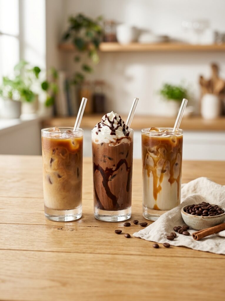 Three glasses of cafe-style iced coffee with ice, including an iced latte, iced mocha and iced caramel latte