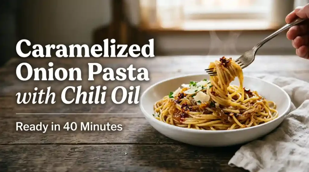 Caramelized onion spaghetti in a white bowl topped with chili oil, shaved parmesan and fresh parsley