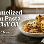 Caramelized onion spaghetti in a white bowl topped with chili oil, shaved parmesan and fresh parsley