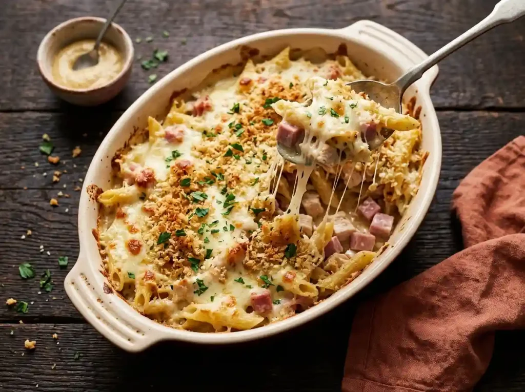 Golden creamy chicken cordon bleu pasta bake with melted Swiss cheese and crispy panko topping