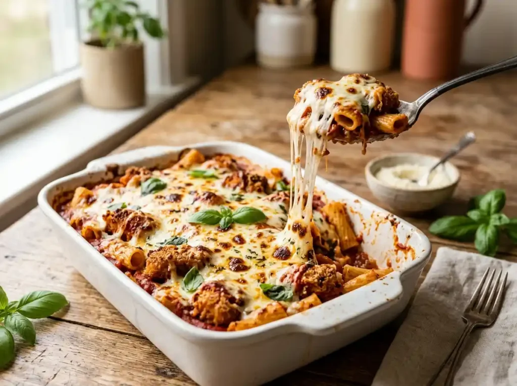 Chicken parmesan pasta bake ingredients including chicken, rigatoni, marinara, panko, Parmesan, mozzarella and basil on a wooden table