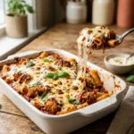 Chicken parmesan pasta bake ingredients including chicken, rigatoni, marinara, panko, Parmesan, mozzarella and basil on a wooden table