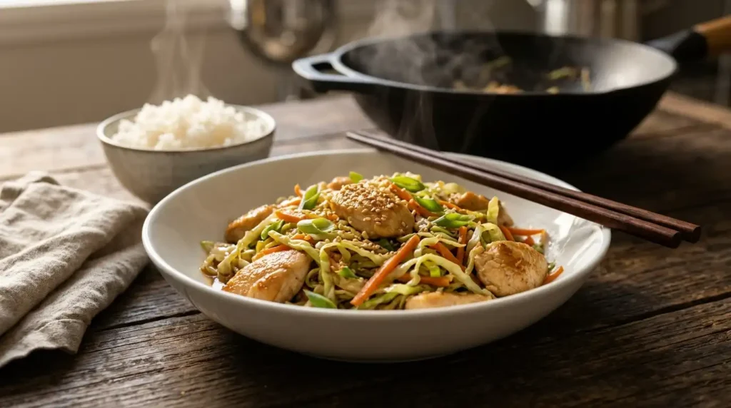 Bowl of Chinese chicken cabbage stir-fry with golden chicken, shredded cabbage and carrots for an easy dinner