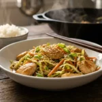 Bowl of Chinese chicken cabbage stir-fry with golden chicken, shredded cabbage and carrots for an easy dinner