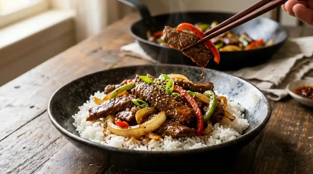 Chinese pepper steak with tender beef, red and green bell peppers and onions in a glossy sauce over white rice